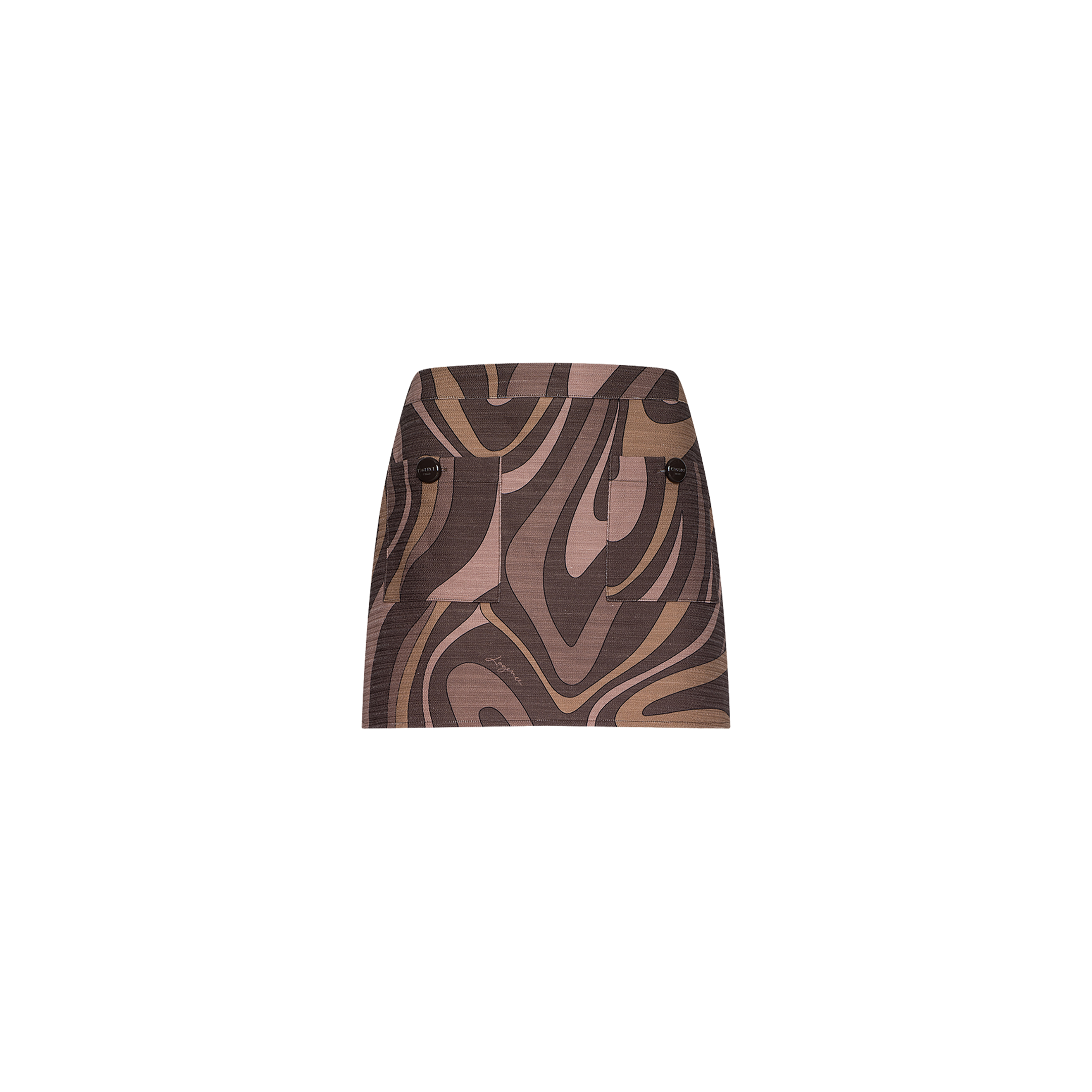The Cyra Low-Rise Mini Skirt features a bold abstract swirl print in brown and beige, two front pockets each accented with a dark button, and is crafted from lightweight cotton. It stands out beautifully against a plain white background.
