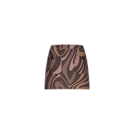 The Cyra Low-Rise Mini Skirt features a bold abstract swirl print in brown and beige, two front pockets each accented with a dark button, and is crafted from lightweight cotton. It stands out beautifully against a plain white background.