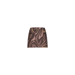The Cyra Low-Rise Mini Skirt, crafted from lightweight cotton in brown and tan with an abstract swirl print and two front pockets, is displayed on a plain white background.