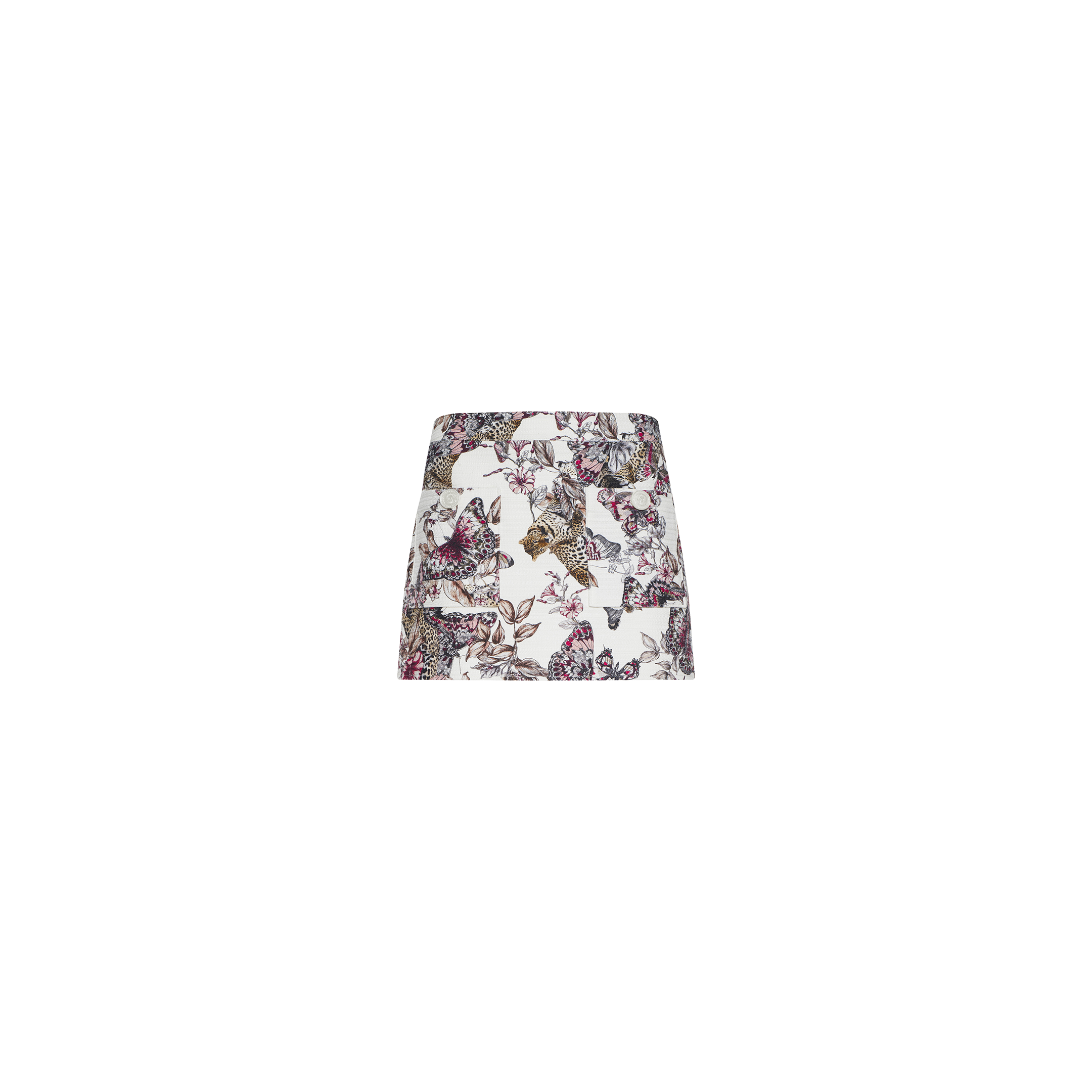The Cyra Low-Rise Mini Skirt is a white mini skirt adorned with a vibrant butterfly print, displayed on a plain white background.