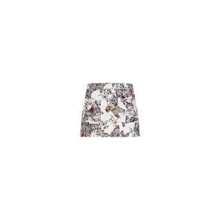 The Cyra Low-Rise Mini Skirt is a white mini skirt adorned with a vibrant, scattered butterfly print in hues of purple, brown, and pink. Crafted from lightweight cotton, the skirt is showcased against a plain white background.
