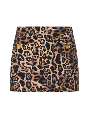 The Cyra Low-Rise Mini Skirt by L'AGENCE is a short, fitted leopard-print tweed skirt featuring two front pockets with gold buttons.