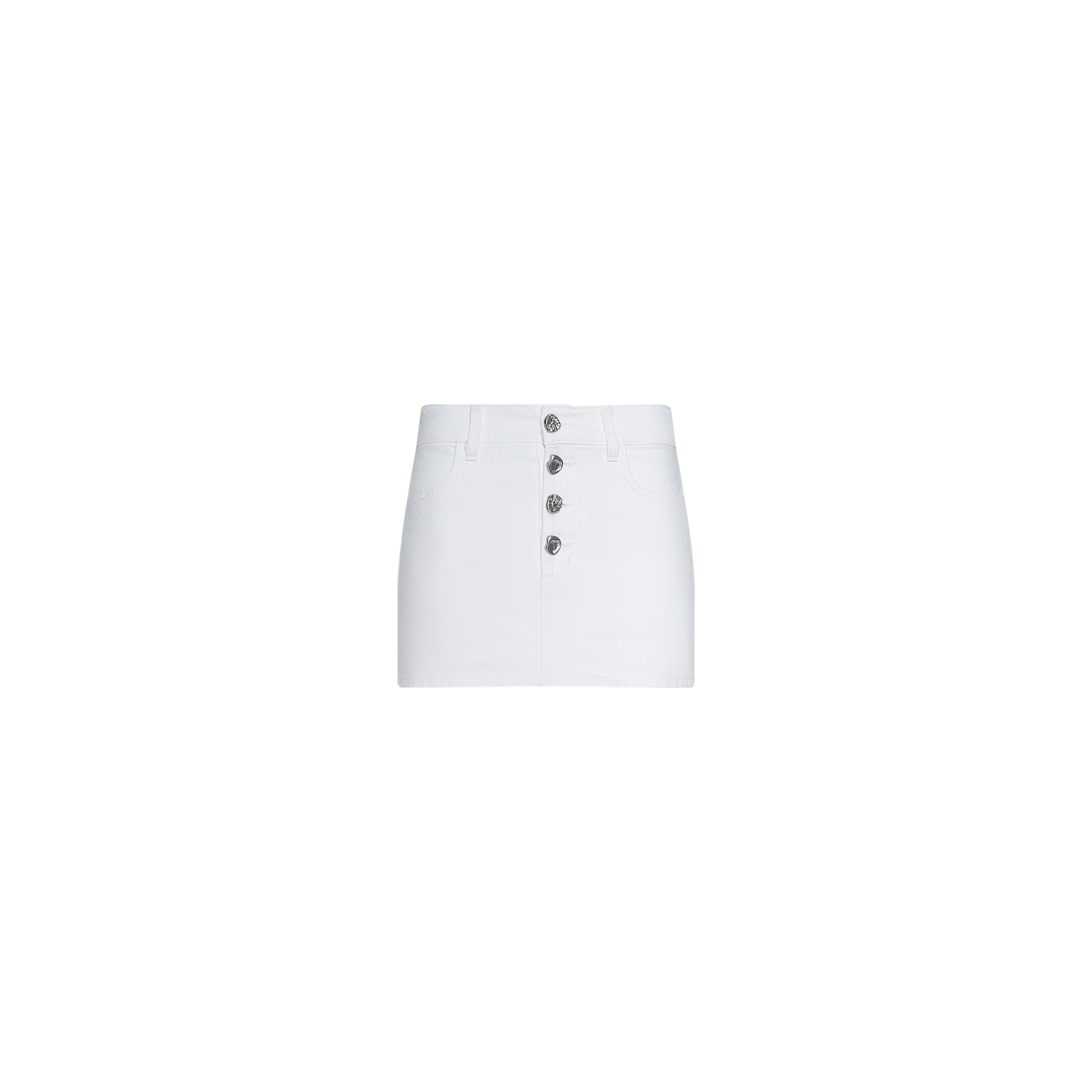 Solene Jean Mini Skirt in white all-cotton denim, featuring a front button closure and belt loops, displayed against a plain white background.
