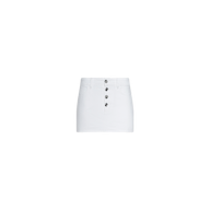 Solene Jean Mini Skirt in white all-cotton denim, featuring a front button closure and belt loops, displayed against a plain white background.