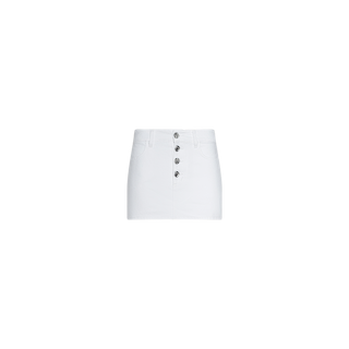 The Solene Jean Mini Skirt is a white, all-cotton denim mini skirt featuring five metallic front buttons and belt loops, displayed on a plain white background.