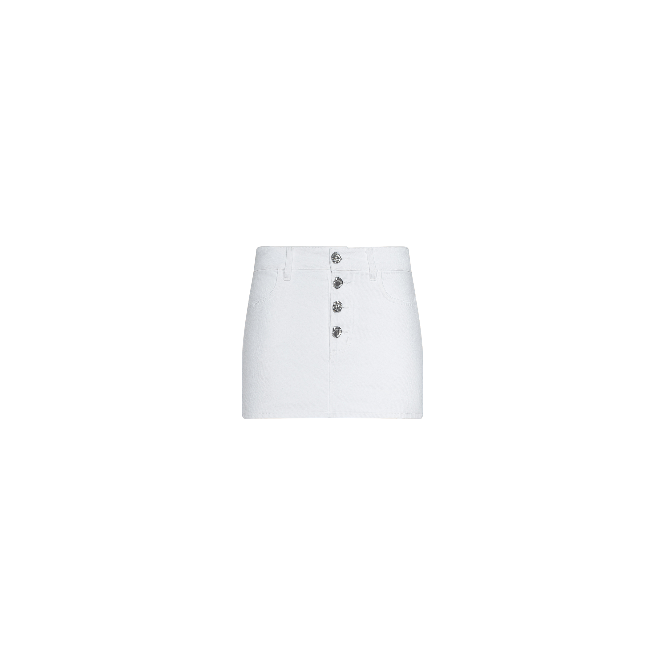 Solene Jean Mini Skirt in white all-cotton denim, featuring a front button closure and belt loops, displayed against a plain white background.