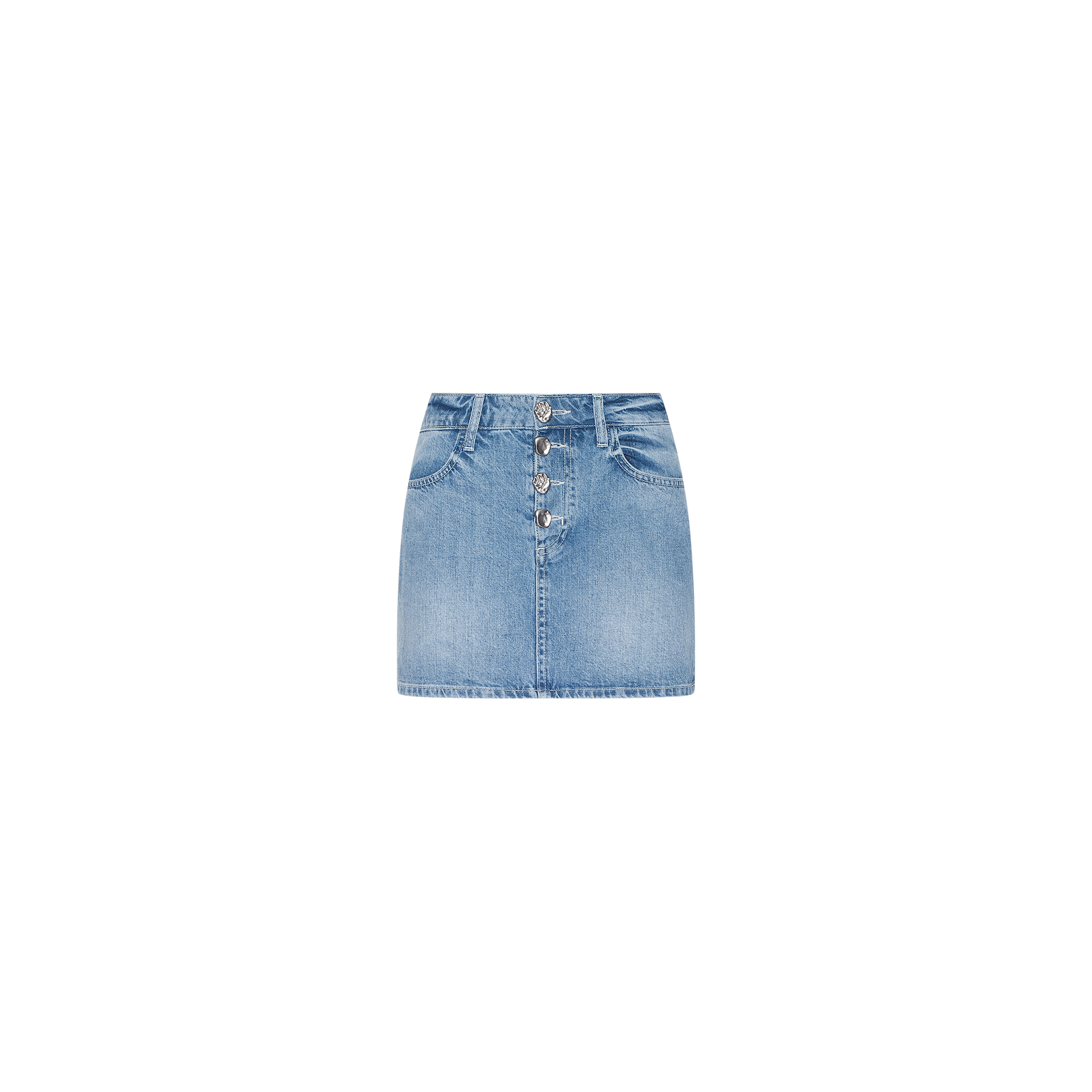 The Solene Jean Mini Skirt is a light wash denim mini skirt crafted from 100 cotton, featuring front buttons, belt loops, and two front pockets, shown against a plain white background.