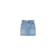 The Solene Jean Mini Skirt is a light wash denim mini skirt crafted from 100 cotton, featuring front buttons, belt loops, and two front pockets, shown against a plain white background.