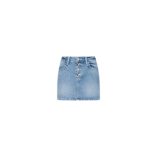 The Solene Jean Mini Skirt is a light wash denim mini skirt featuring novelty front buttons, belt loops, and two front pockets, displayed on a plain white background.