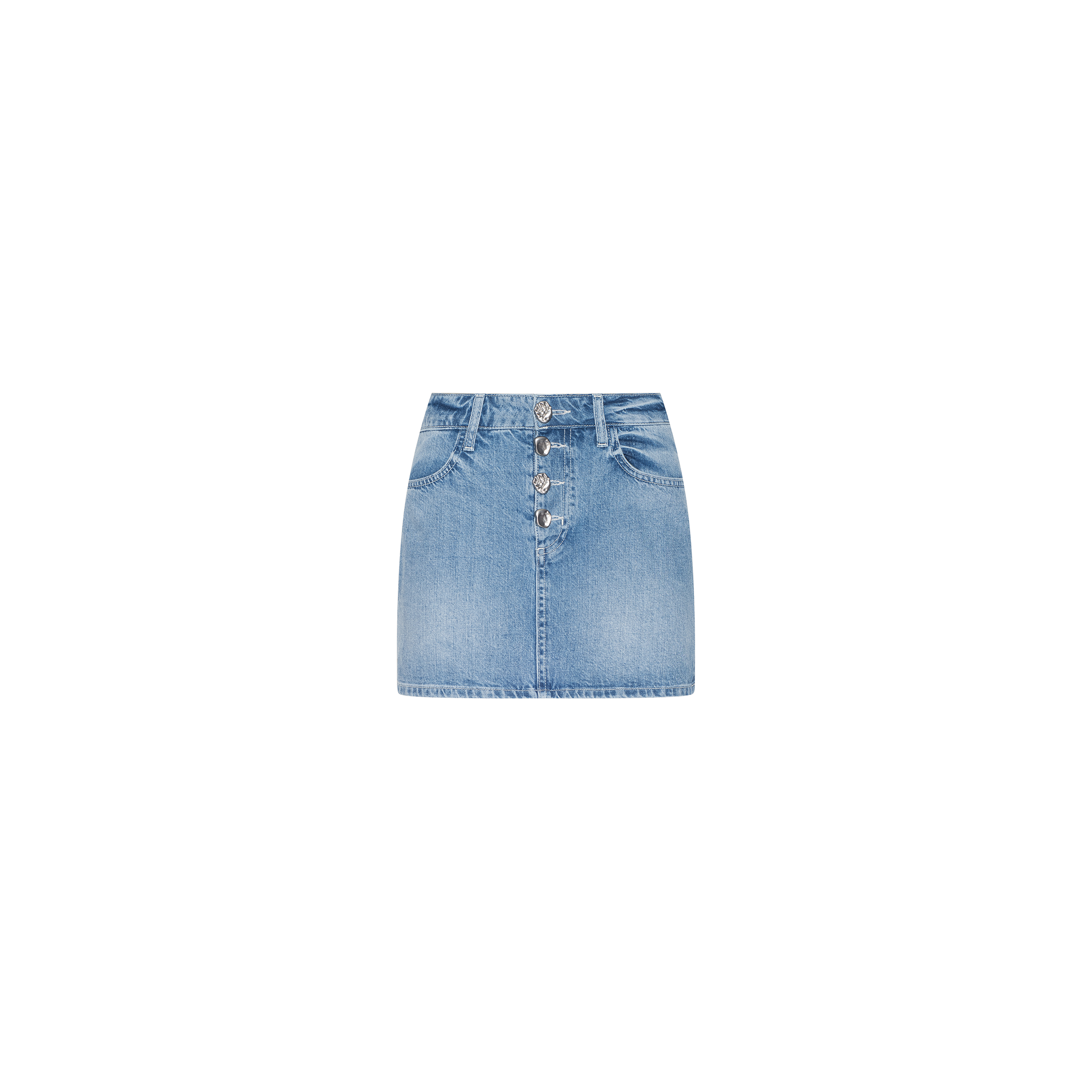 The Solene Jean Mini Skirt is a light wash denim mini skirt crafted from 100 cotton, featuring front buttons, belt loops, and two front pockets, shown against a plain white background.