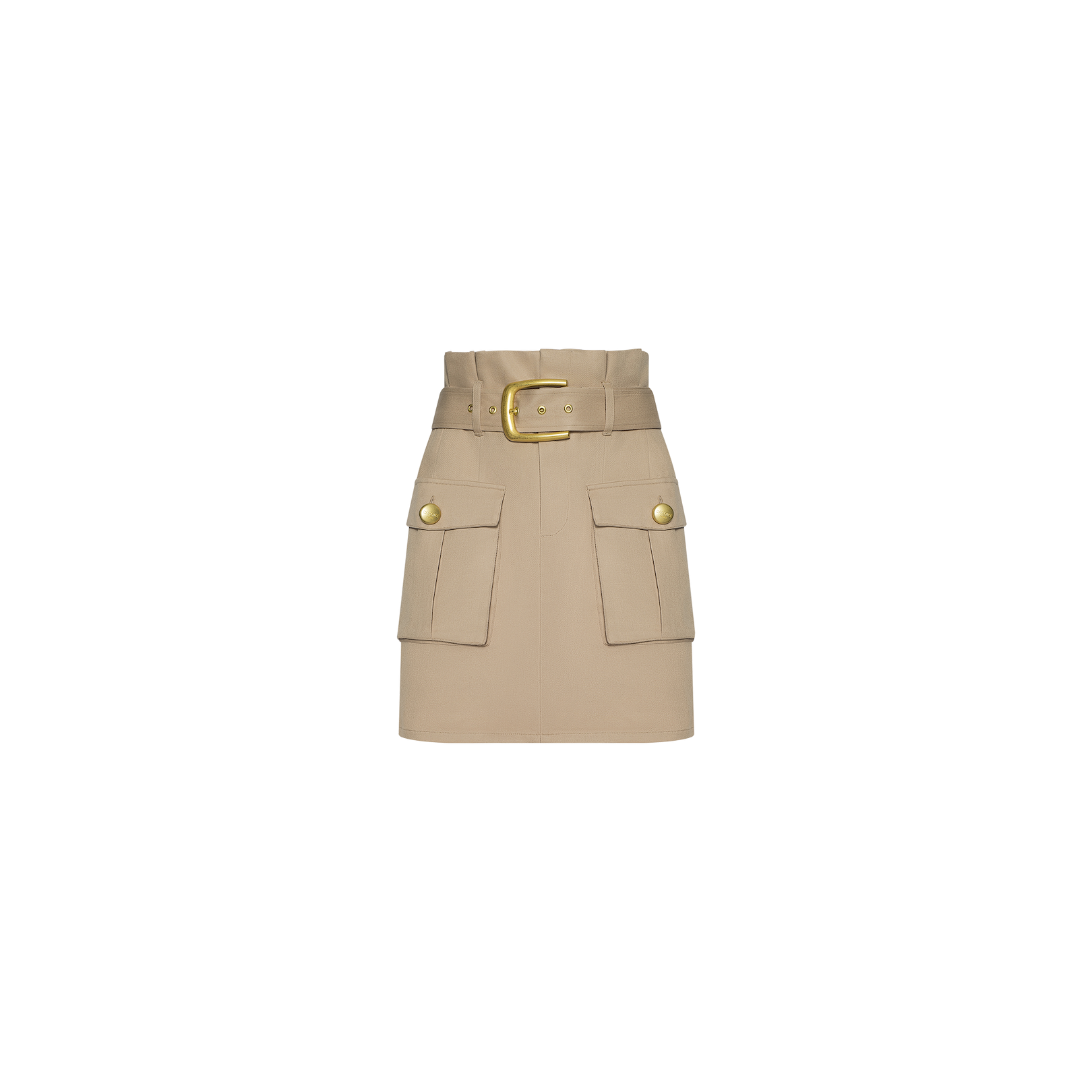 The Maelis Mini Skirt is a beige, high-rise waist skirt with a wide belt and gold buckle, featuring two large front cargo pockets adorned with gold buttons, displayed on a plain white background.