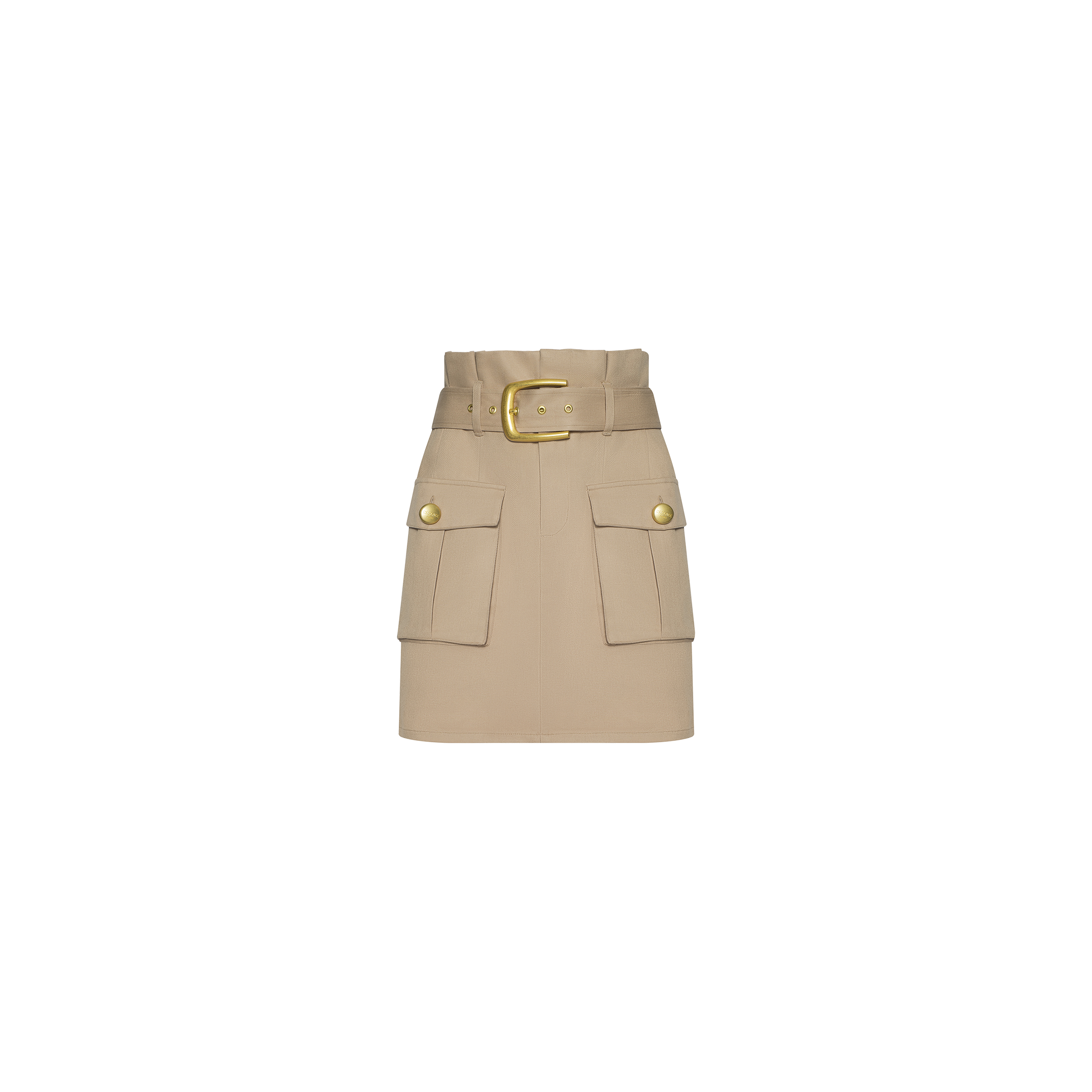 The Maelis Mini Skirt is a beige, high-rise waist skirt with a wide belt and gold buckle, featuring two large front cargo pockets adorned with gold buttons, displayed on a plain white background.