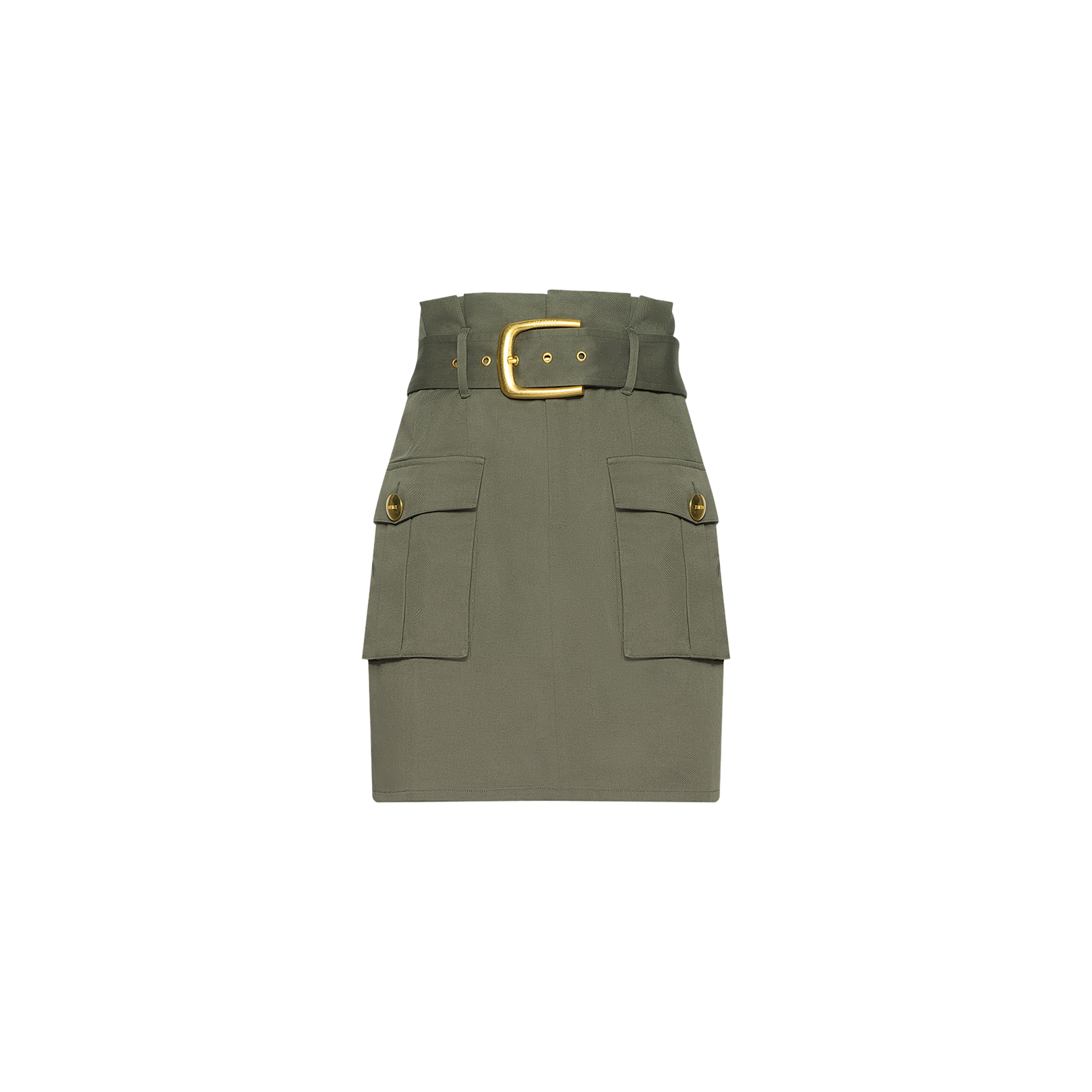 The Maelis Mini Skirt is an olive green paperbag mini skirt featuring a wide belt with a gold buckle and two front cargo pockets with buttons, displayed against a plain white background.