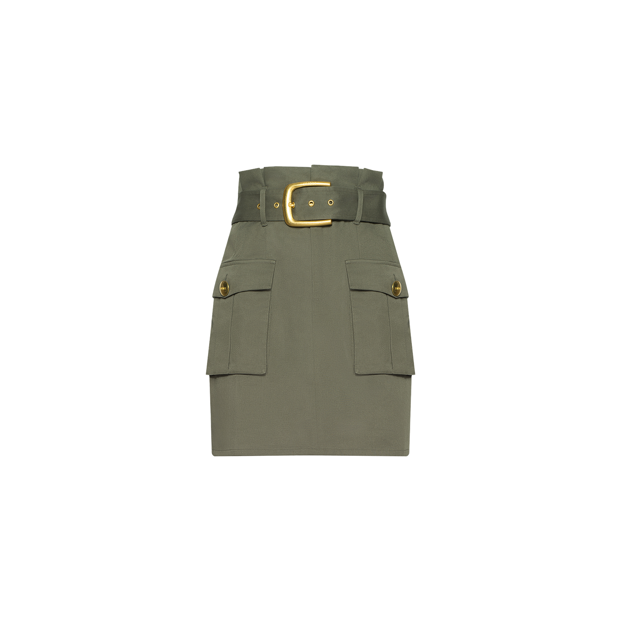 The Maelis Mini Skirt is an olive green paperbag mini skirt featuring a wide belt with a gold buckle and two front cargo pockets with buttons, displayed against a plain white background.