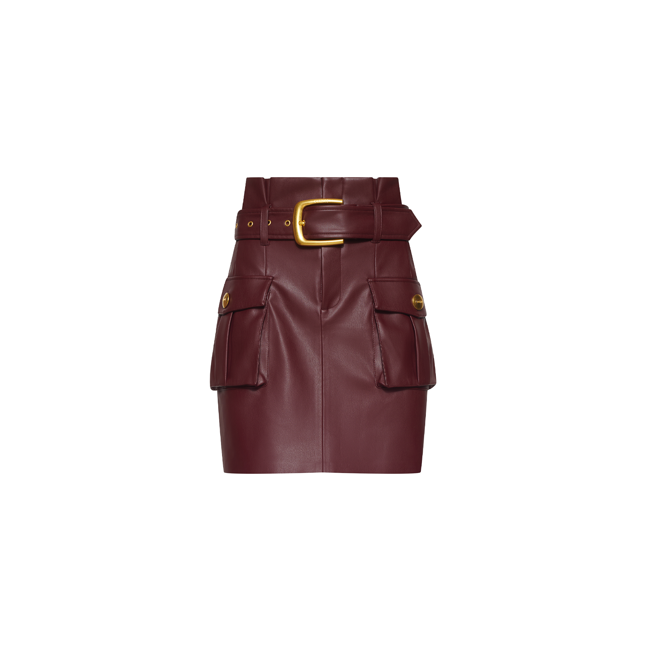 Maelis Vegan Leather Skirt in burgundy, featuring a high-waisted mini silhouette, two front cargo pockets, gold-tone hardware, and a matching belt with a large gold buckle.