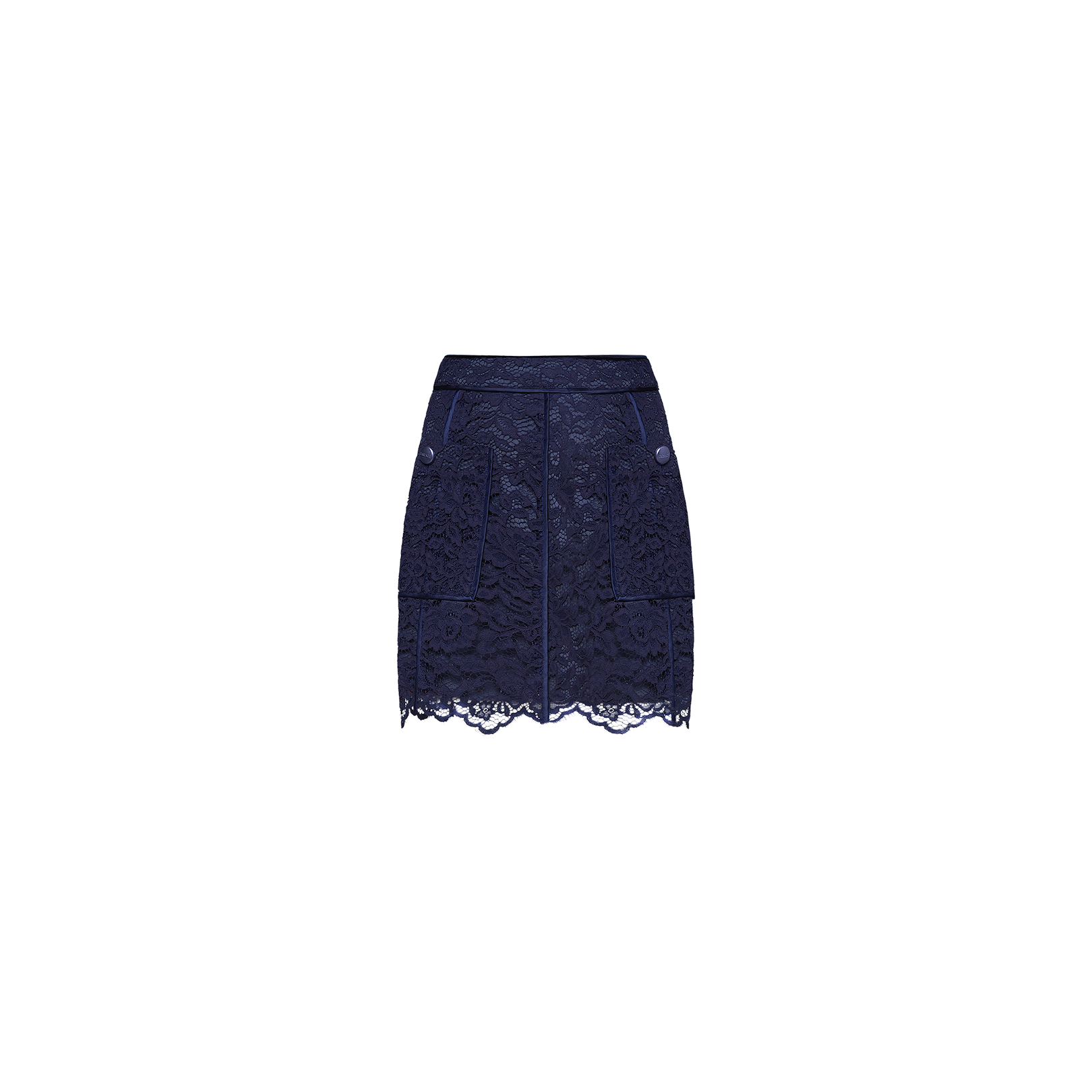 The Riven Lace Mini Skirt in midnight blue showcases a flattering A-line mini silhouette with delicate floral lace, front pockets, button details, and a scalloped hem, displayed on a plain white background.