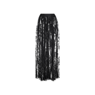 The Alona Lace Maxi Skirt—a long, sheer black Chantilly floral lace maxi skirt featuring a fitted waistband—is displayed against a plain white background, evoking sheer romance.