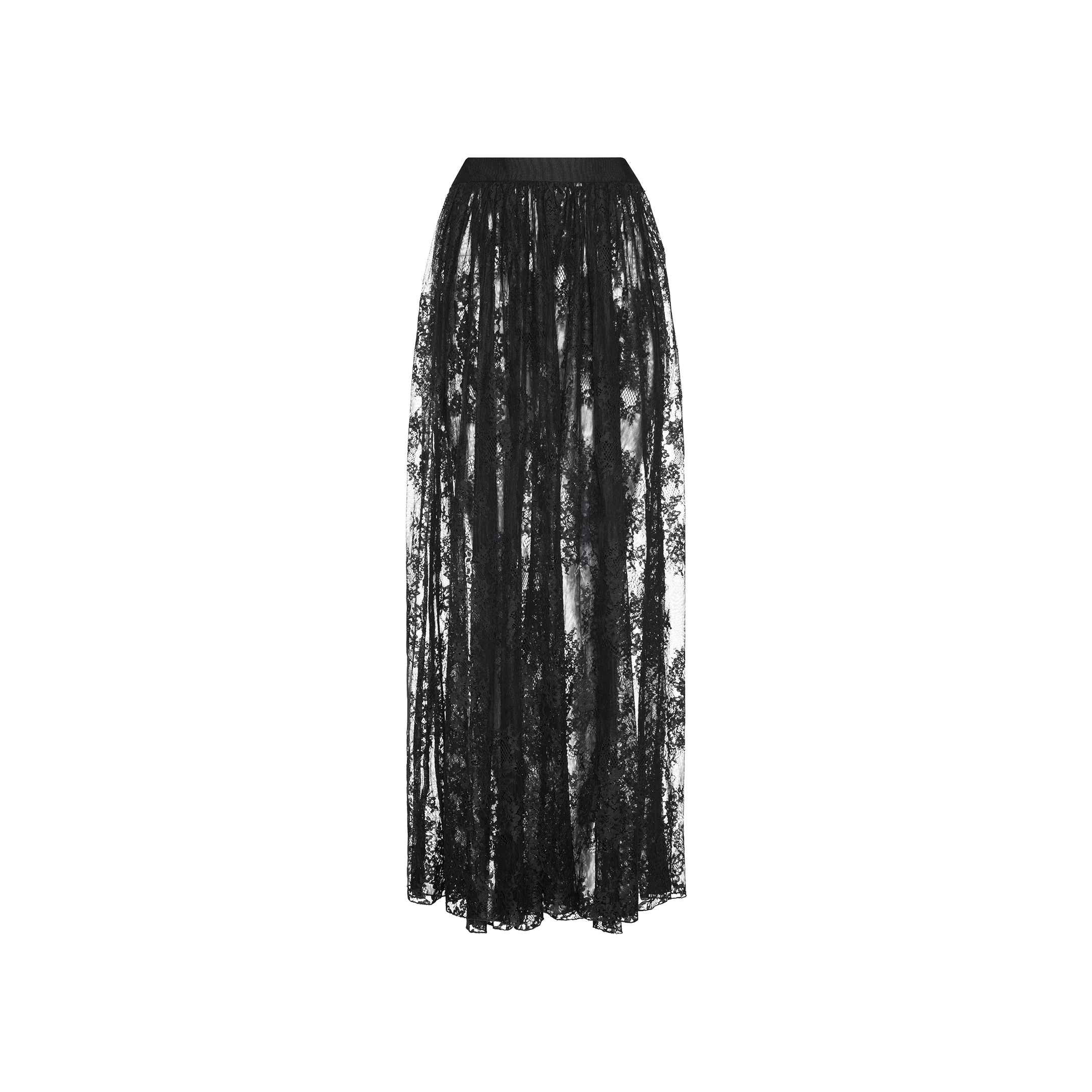 The Alona Lace Maxi Skirt—a long, sheer black Chantilly floral lace maxi skirt featuring a fitted waistband—is displayed against a plain white background, evoking sheer romance.
