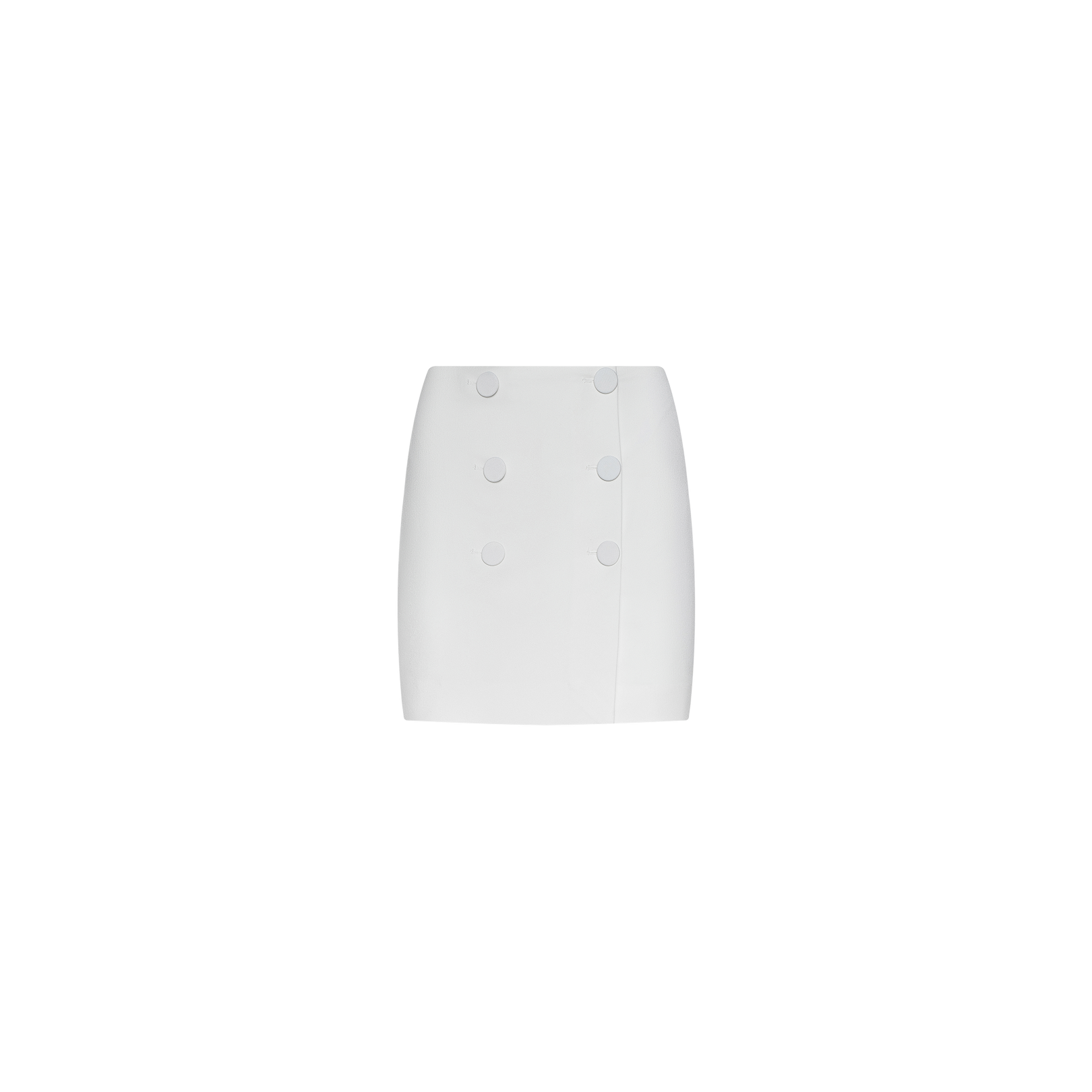 The Beah Mini Skirt is a white, high-waisted, tailored mini skirt made from stretch suiting fabric, featuring two rows of large buttons down the front and showcased on a plain white background.