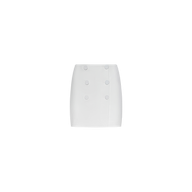 The Beah Mini Skirt is a white, high-waisted, tailored mini skirt made from stretch suiting fabric, featuring two rows of large buttons down the front and showcased on a plain white background.
