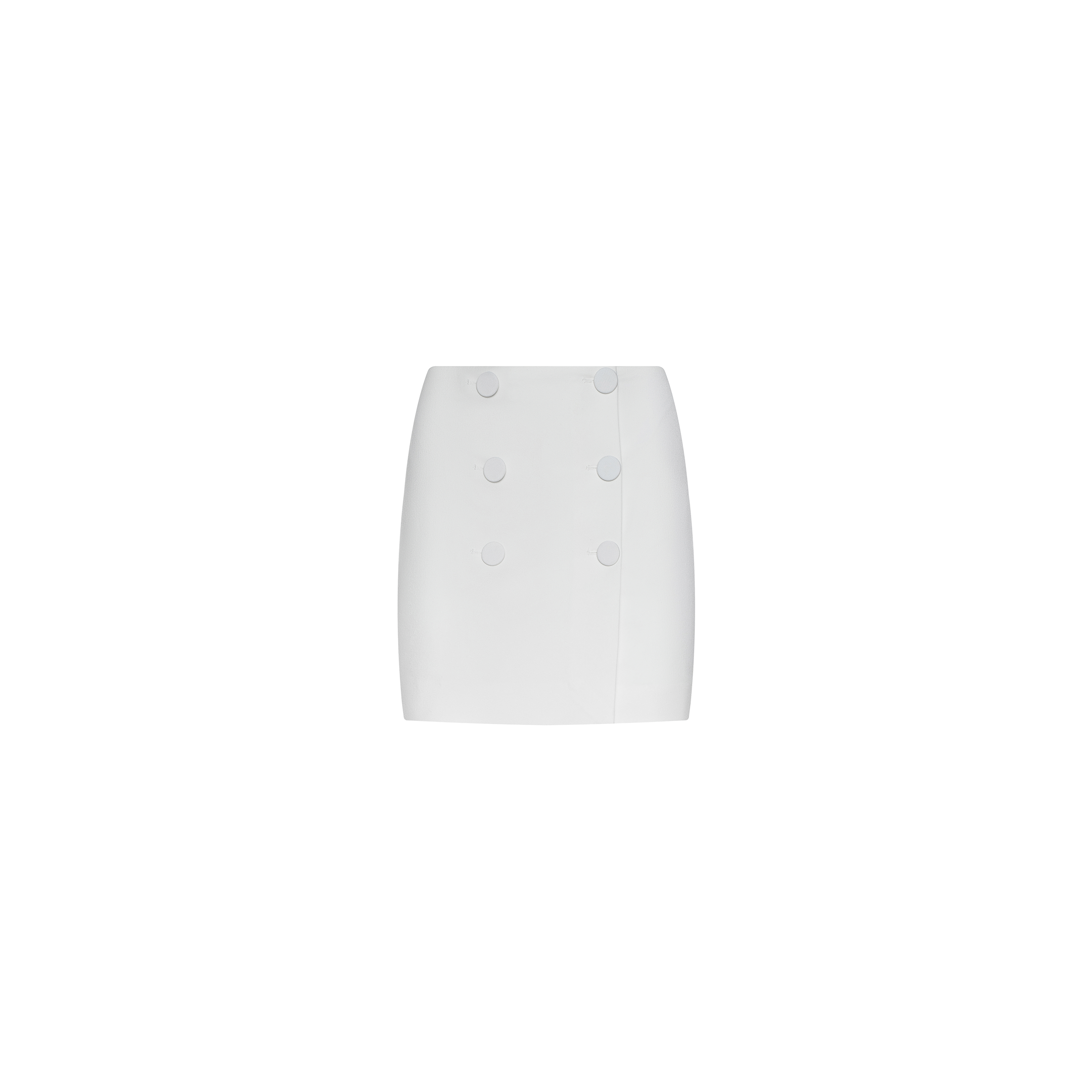 The Beah Mini Skirt is a white, high-waisted, tailored mini skirt made from stretch suiting fabric, featuring two rows of large buttons down the front and showcased on a plain white background.