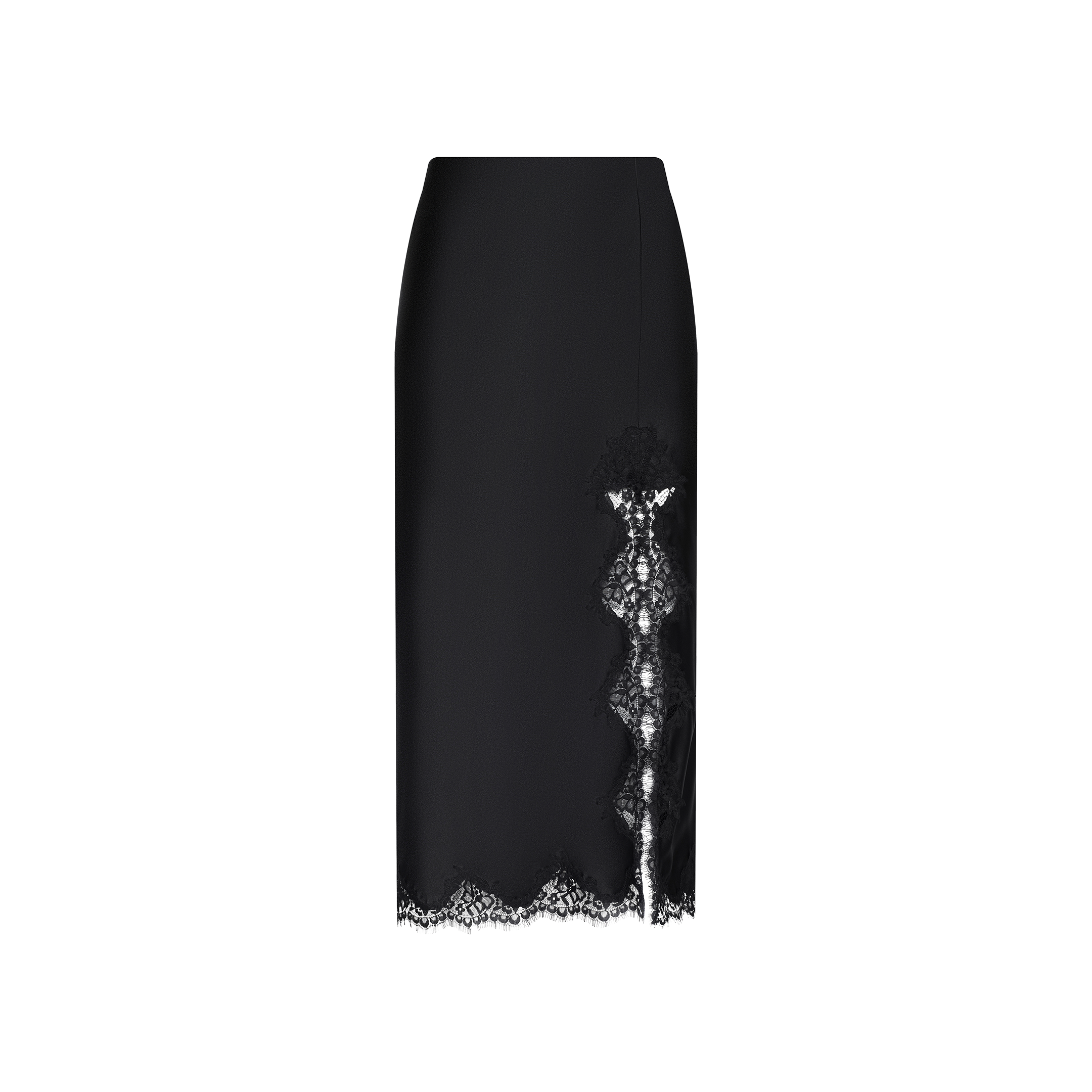 The Tico Silk Lace Skirt is a black, slim-fit midi skirt crafted from silk, highlighted by an eyelash lace trim at the hem and a vertical lace panel accenting one side.