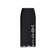 The Tico Silk Lace Skirt is a black, slim-fit midi skirt crafted from silk, highlighted by an eyelash lace trim at the hem and a vertical lace panel accenting one side.