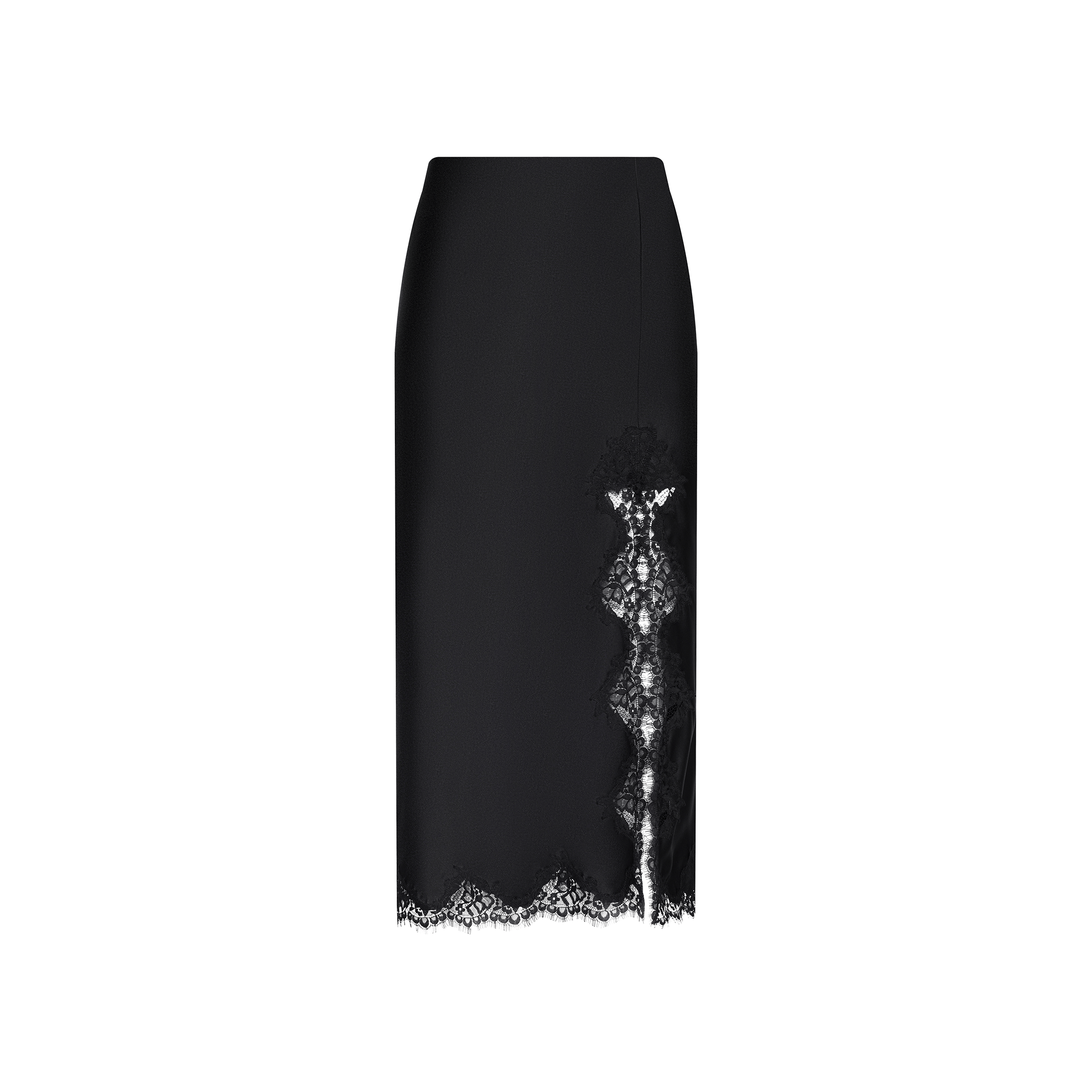 The Tico Silk Lace Skirt is a black, slim-fit midi skirt crafted from silk, highlighted by an eyelash lace trim at the hem and a vertical lace panel accenting one side.