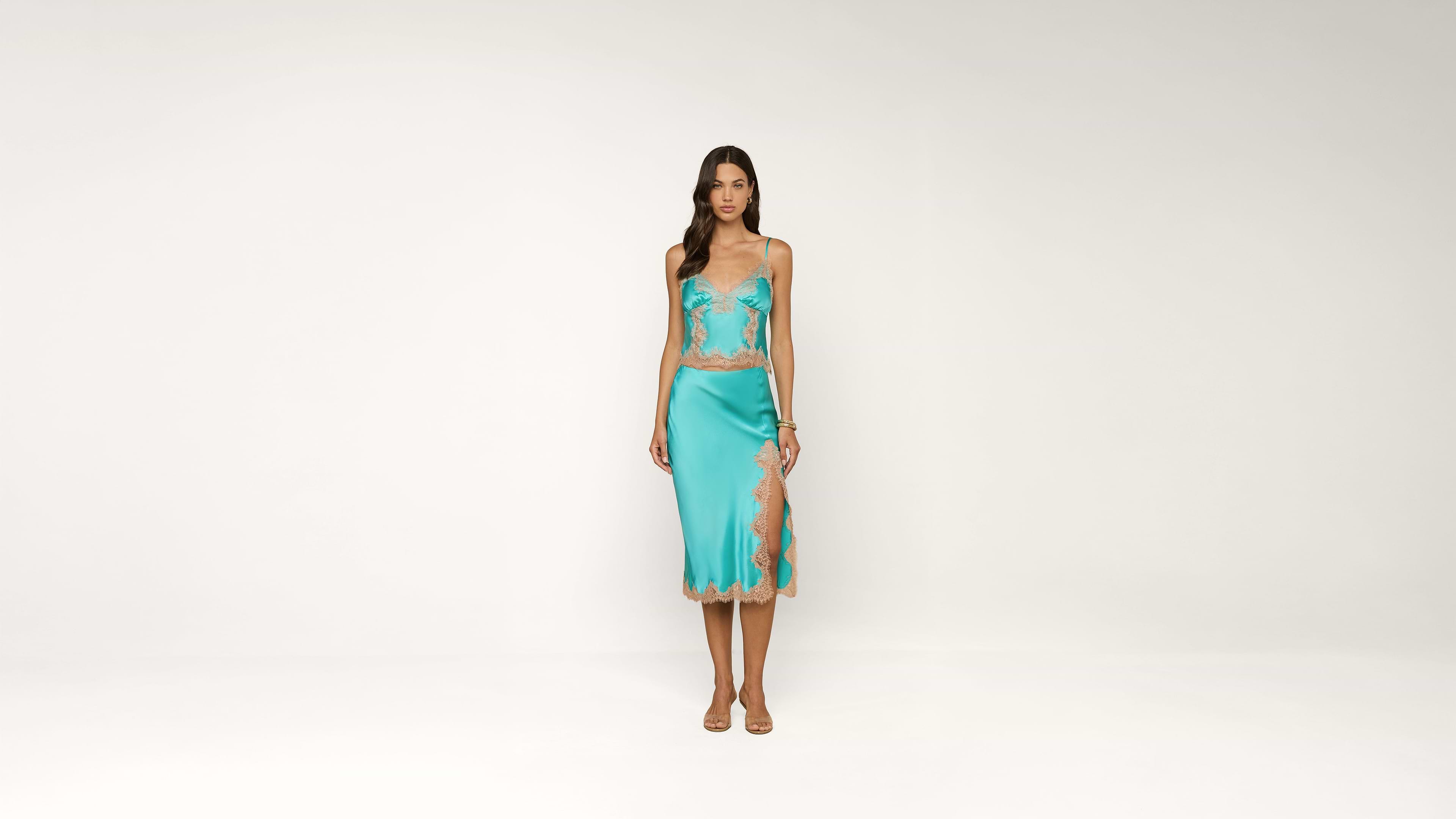 Tico Silk Lace Skirt in Cyan/Cappuccino | L'AGENCE