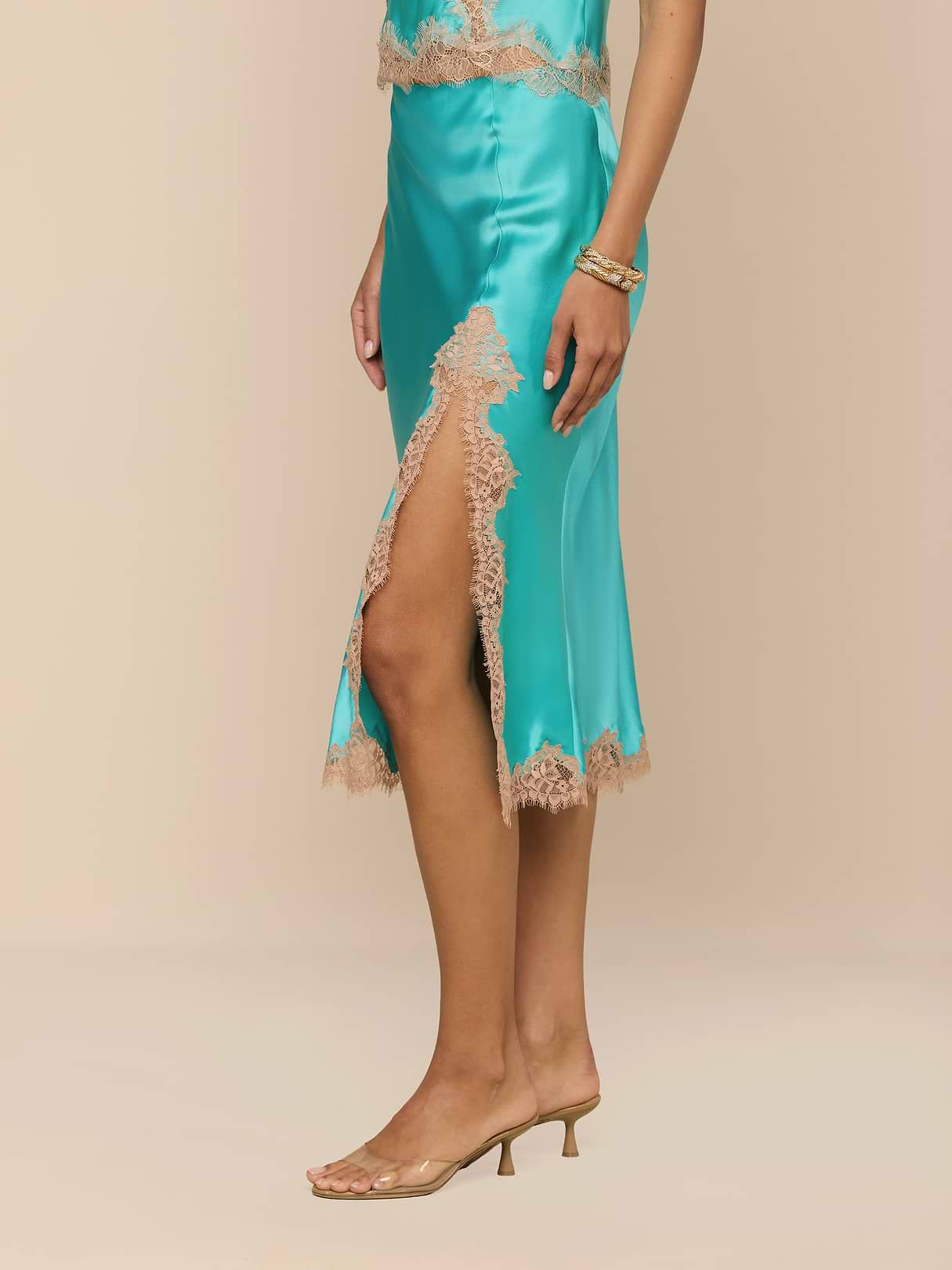 Tico Silk Lace Skirt in Cyan/Cappuccino | L'AGENCE