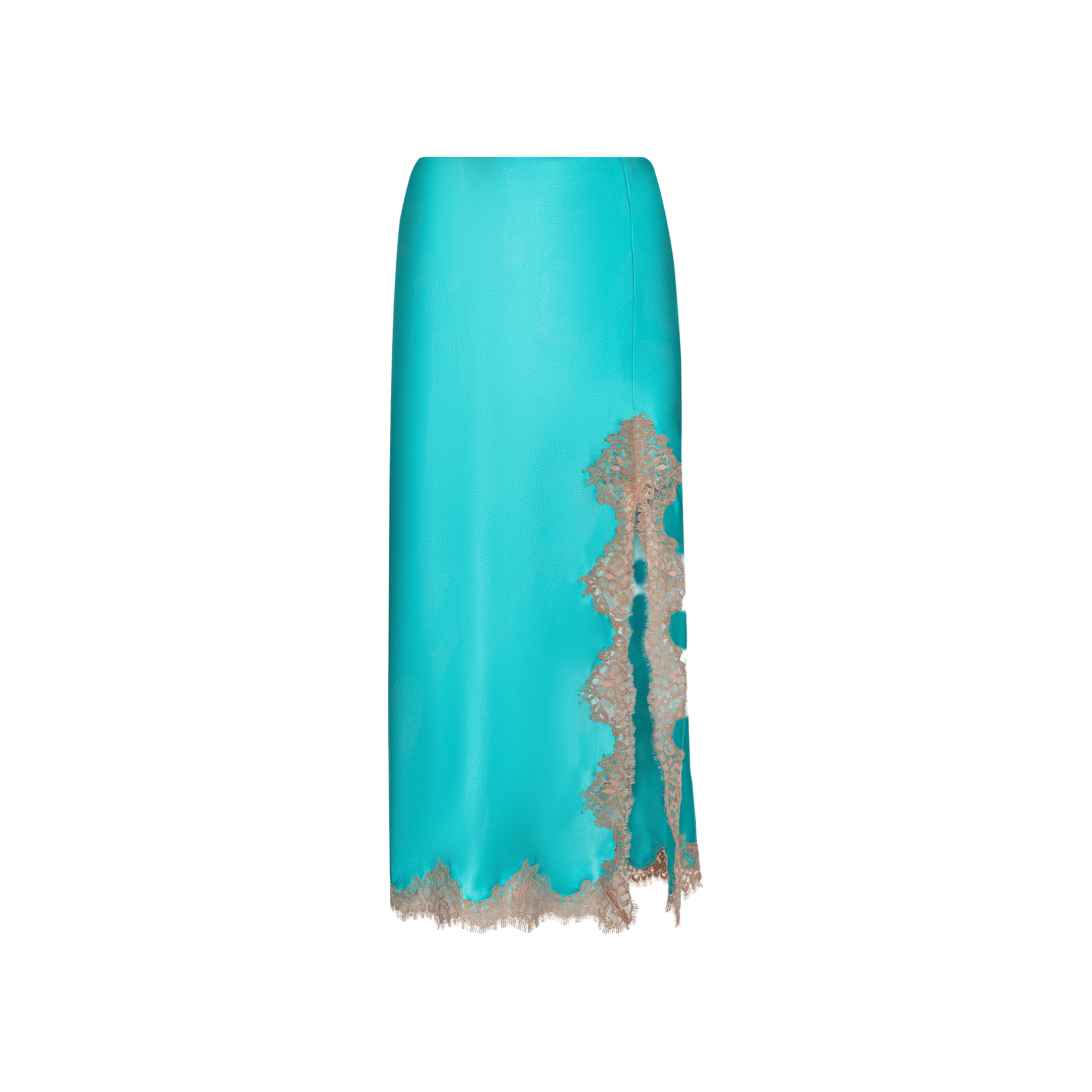 The Tico Silk Lace Skirt is a vibrant blue silk midi skirt with a straight silhouette, accented by an eyelash lace trim along the hem and side slit that adds an asymmetrical, artistic touch, showcased on a plain white background.