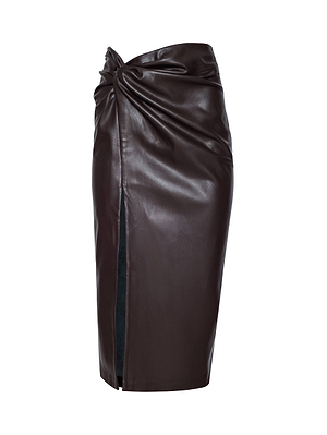 The Lilou Vegan Leather Skirt by L'AGENCE is a high-waisted, coffee brown pencil skirt in vegan leather, detailed with a front knot and bold front slit, shown on a white background.