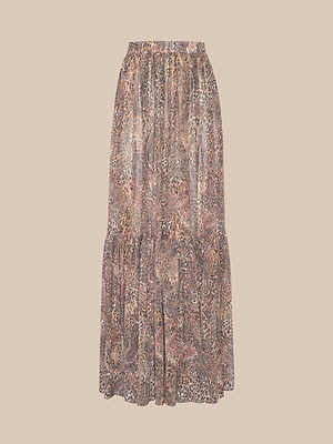 The Ursie Maxi Skirt features a long, tiered design with an elastic waistband and a mixed animal and paisley print in brown and pink tones, shown against a light beige background.