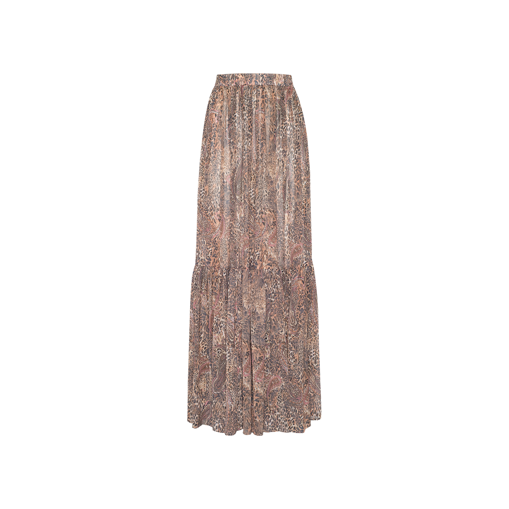 The Ursie Maxi Skirt is a flowy, long maxi skirt featuring a muted brown and pink bohemian paisley print, gathered at the waist with a slightly flared hem, displayed on a plain white background.