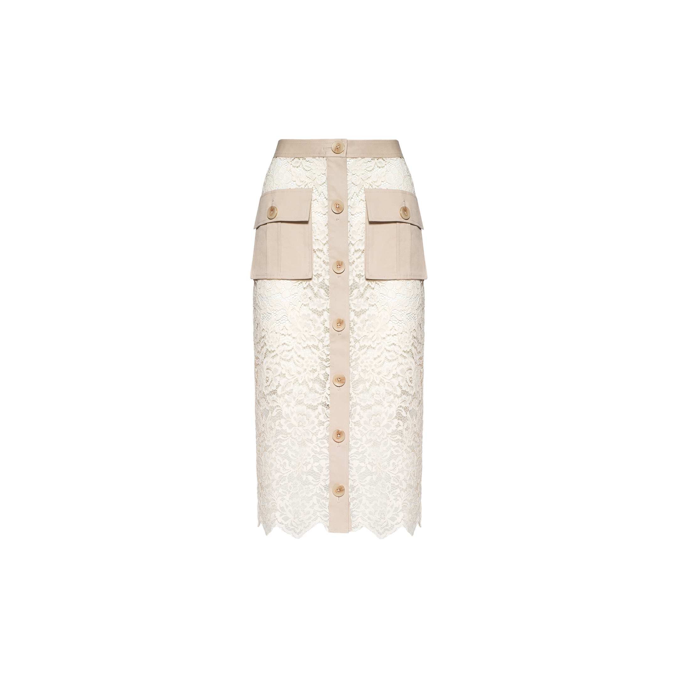 The Shae Skirt is a knee-length white floral lace skirt featuring a beige waistband, beige front buttons, and two large beige cargo pockets on the front.