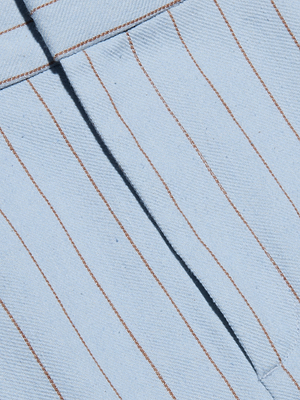 The Vera Pinstriped Mini Skirt features a light blue cotton blend fabric with thin brown stripes, detailed with a seam and fold—ideal for warm-weather outfits and chic, tailored style.