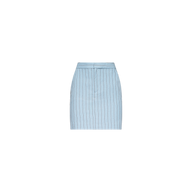 The Vera Pinstriped Mini Skirt is a light blue, cotton-blend mini skirt featuring vertical thin dark blue stripes. Designed with a fitted waist, front seam, and simple tailored silhouette, it is displayed on a plain white background.