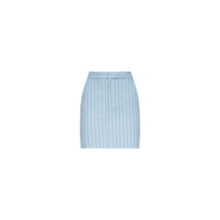 The Vera Pinstriped Mini Skirt features a light blue design with vertical thin black pinstripes, a fitted waistband, and a front seam. Made from a pinstriped cotton blend, this mini skirt delivers a polished, professional look ideal for warm-weather suiting. Shown against a plain white background.