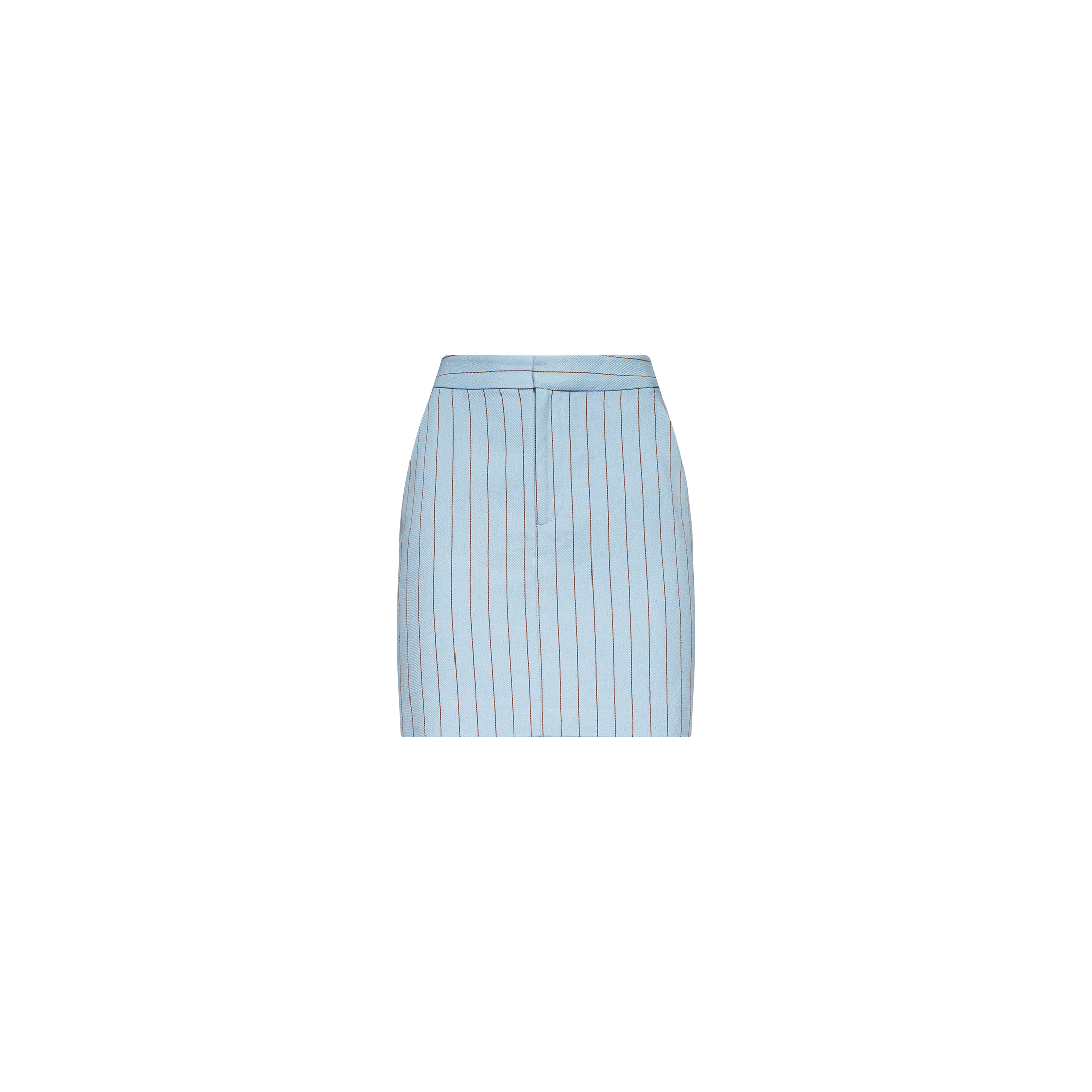 The Vera Pinstriped Mini Skirt is a light blue, cotton-blend mini skirt featuring vertical thin dark blue stripes. Designed with a fitted waist, front seam, and simple tailored silhouette, it is displayed on a plain white background.