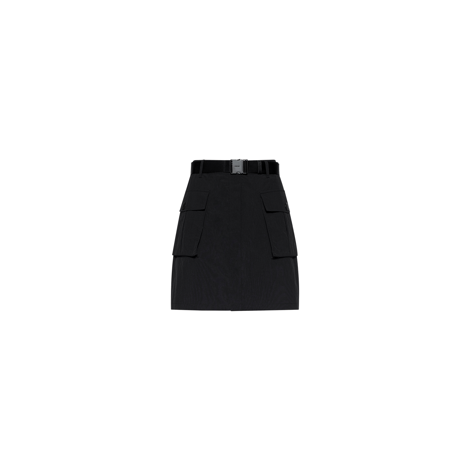 The Norene Nylon Mini Skirt is a black, high-waisted cargo mini skirt featuring large front cargo pockets and a matching belt with a rectangular buckle. Crafted from water-repellent nylon, it is shown against a plain white background.