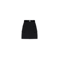The Norene Nylon Mini Skirt is a black, high-waisted cargo mini skirt featuring large front cargo pockets and a matching belt with a rectangular buckle. Crafted from water-repellent nylon, it is shown against a plain white background.