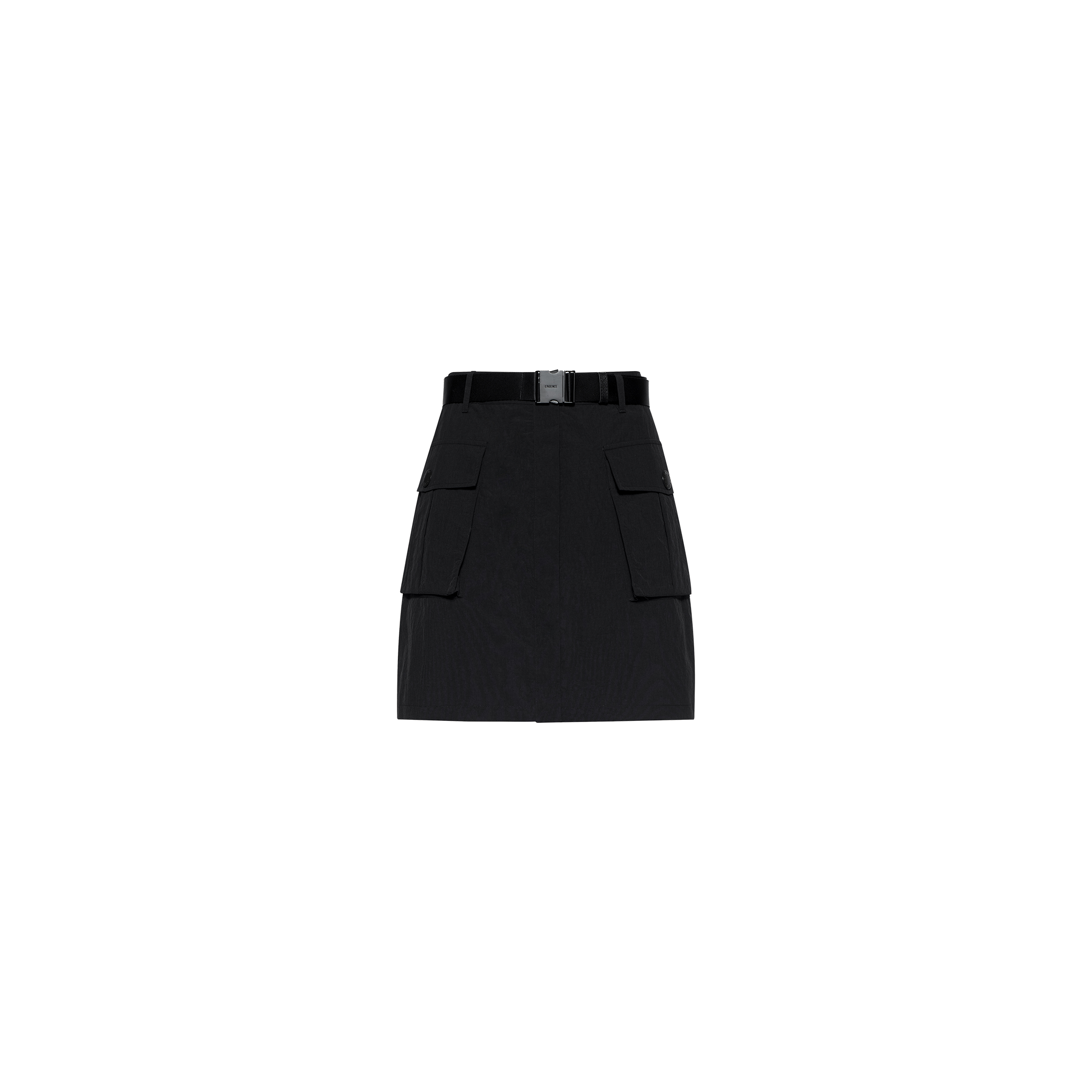 The Norene Nylon Mini Skirt is a black, high-waisted cargo mini skirt featuring large front cargo pockets and a matching belt with a rectangular buckle. Crafted from water-repellent nylon, it is shown against a plain white background.
