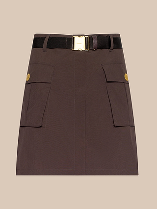 The Norene Nylon Mini Skirt, in brown, features water-repellent fabric, two large front flap pockets, gold button accents, and a black belt with a gold buckle. It is displayed on a plain beige background.
