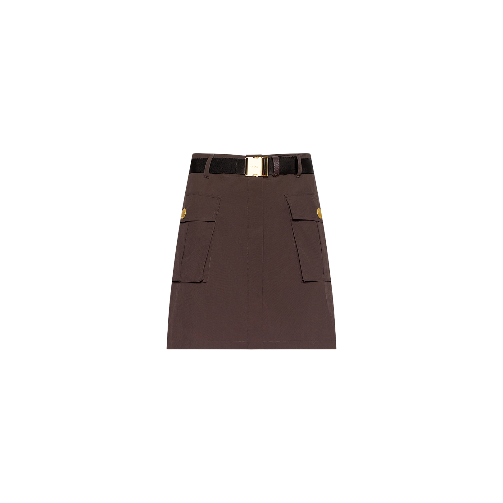 The Norene Nylon Mini Skirt in dark brown features a water-repellent finish, two front flap pockets with gold buttons, and is styled with a black belt and gold buckle, shown against a plain white background.