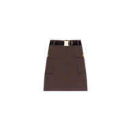 Norene Nylon Mini Skirt in brown, featuring large front cargo pockets, a black belt with a gold buckle detail, and crafted from water-repellent nylon, displayed against a plain white background.