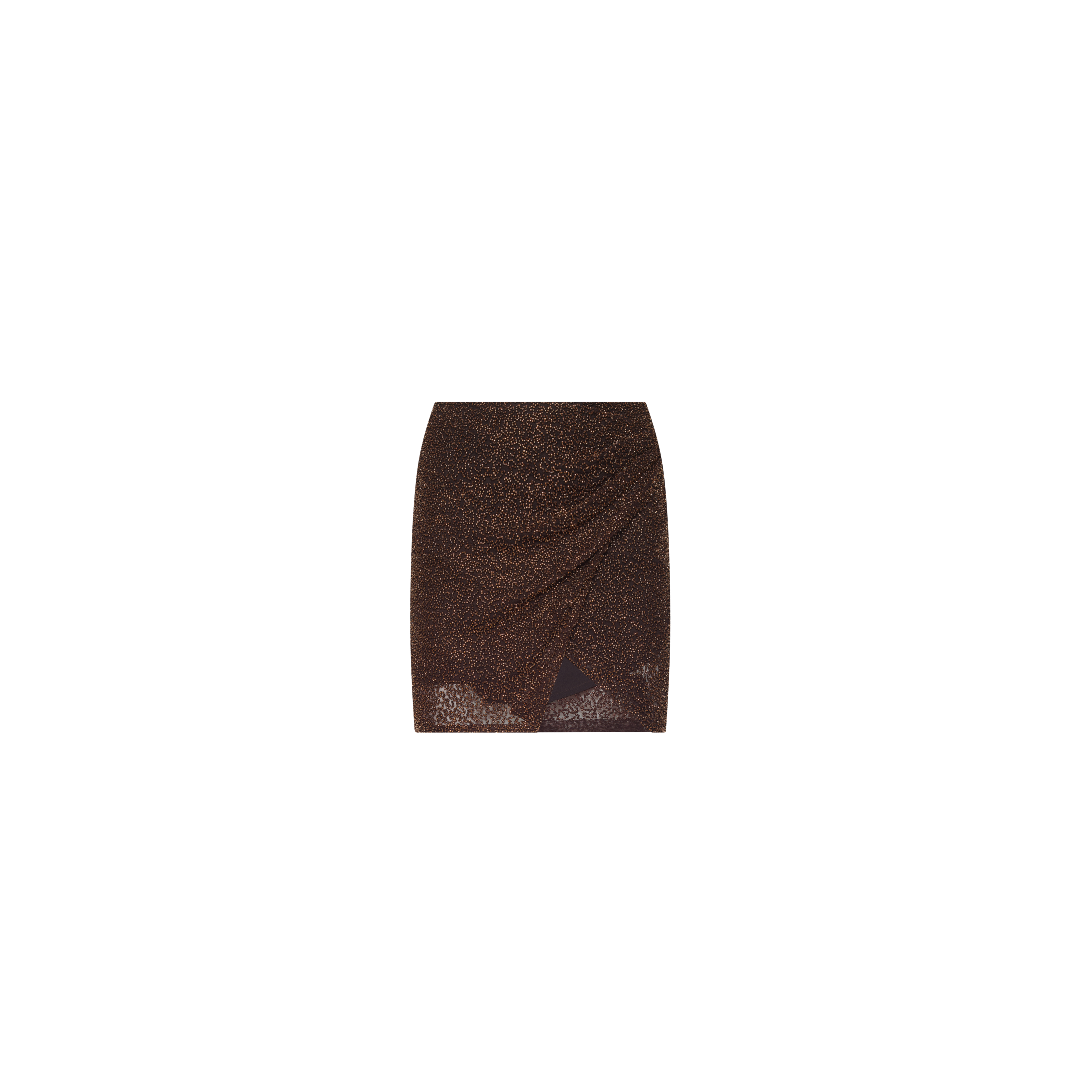 Dravenne Beaded Skirt in dark brown, featuring a mini length, a draped front, and a side slit.