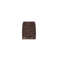 Dravenne Beaded Skirt in dark brown, featuring a mini length, a draped front, and a side slit.