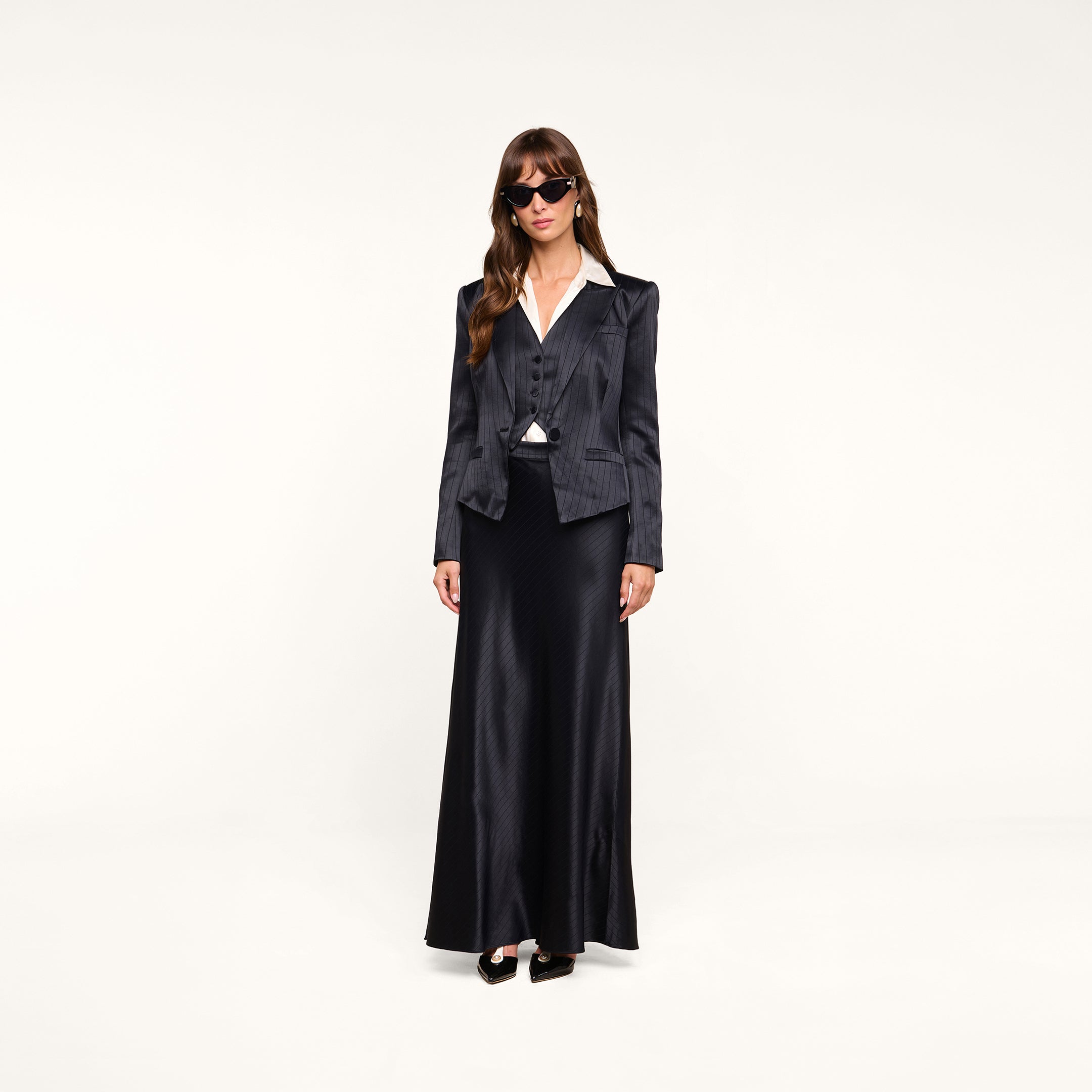 Vespera Suspender Maxi Skirt in Black Pinstripe | L'AGENCE