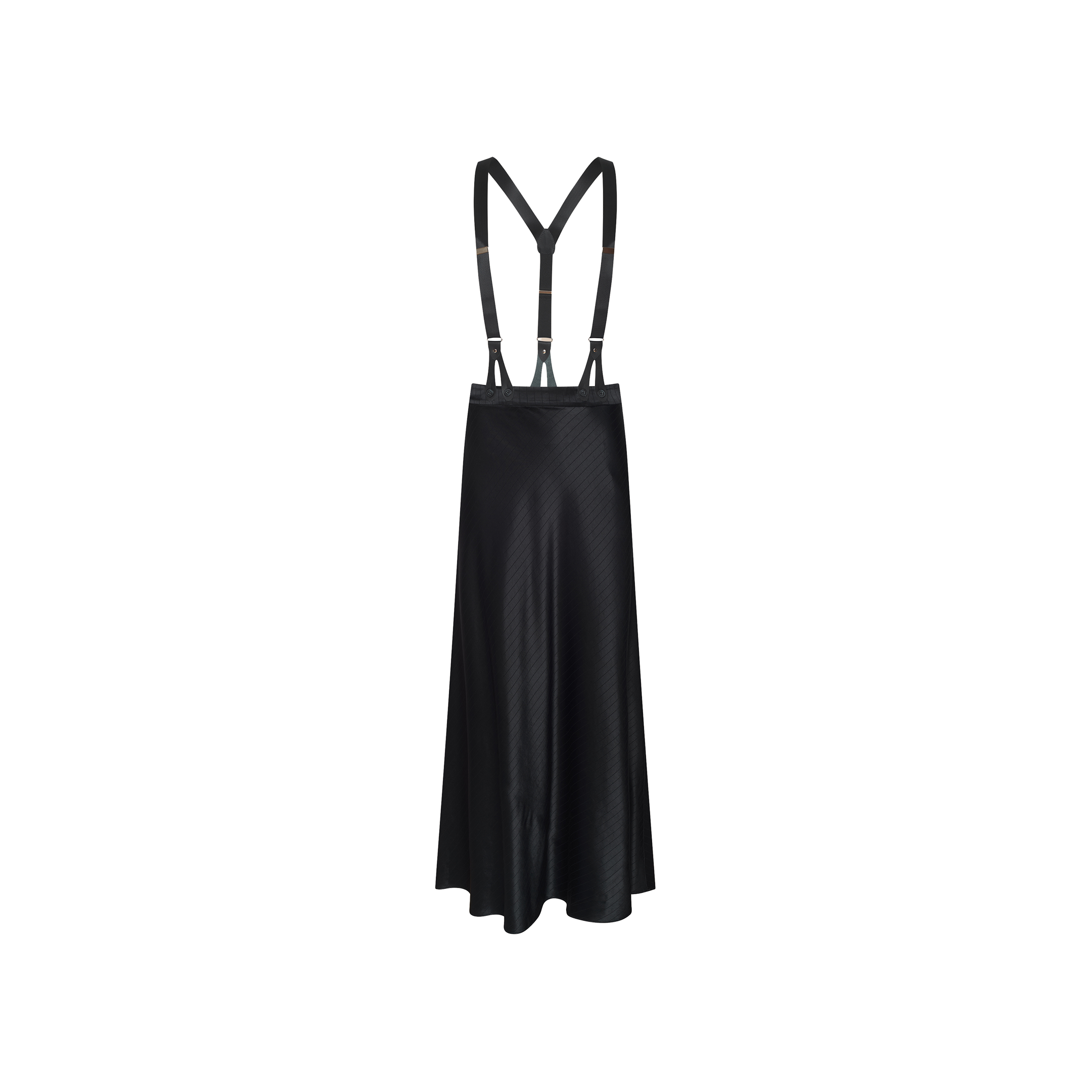 The Vespera Suspender Maxi Skirt in black satin features adjustable suspenders and a graceful slight flare at the hem. Shown from the back, this skirt falls to a maxi length for an elegant silhouette.