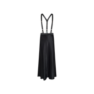 The Vespera Suspender Maxi Skirt in black satin features adjustable suspenders and a graceful slight flare at the hem. Shown from the back, this skirt falls to a maxi length for an elegant silhouette.